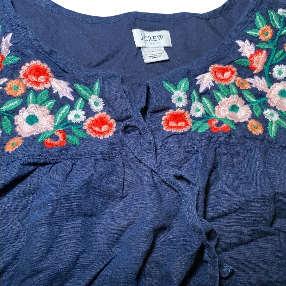 J. Crew Dark Blue Top with Colorful Floral Embroidery